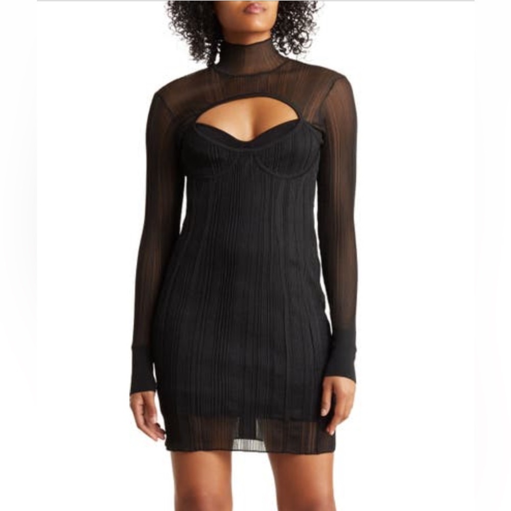 Black Bandage Mini Dress Sheer Bustier Cutout Herve Leger Long Sleeve Small New